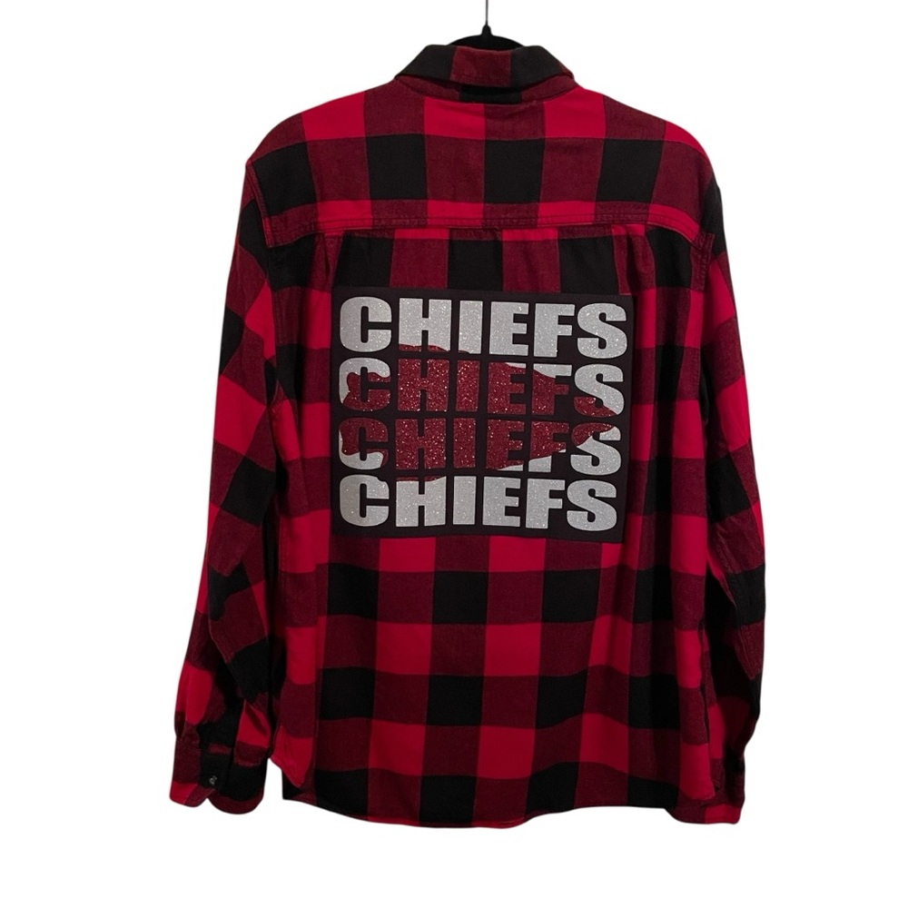 KC Chiefs Red and Black Plaid Flannel Button Front Shirt with Glitter Image XL